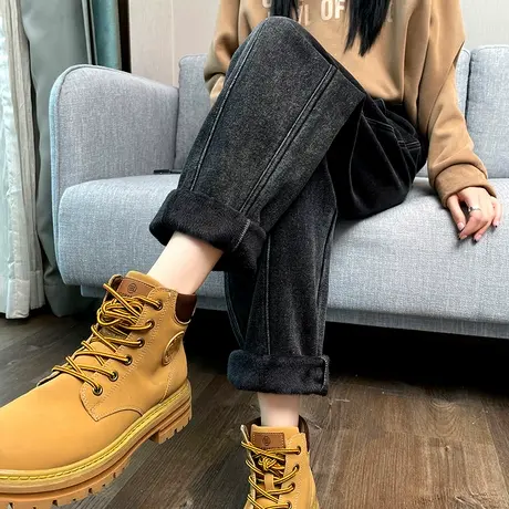 加绒哈伦牛仔裤女冬季2024新款宽松高腰显瘦加厚小个子老爹萝卜裤商品大图