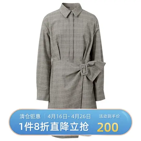伊芙丽秋新款格纹宽松系带连衣裙韩版中长款裙子女1BA991261图片