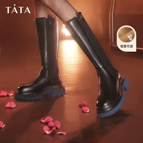 Tata他她海盐黑巧骑士靴粗跟厚底长筒靴女加绒复古冬W6S01DG3图片