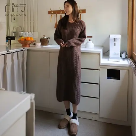 百洛安加厚保暖麻花针织连衣裙女冬新款圆领百搭长款打底外穿毛衣图片