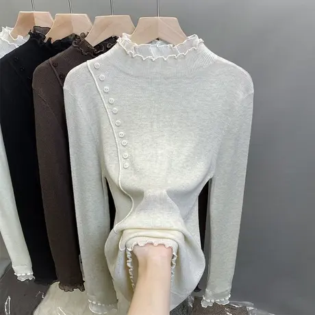 半高领毛衣女蕾丝打底衫2023秋冬新款套头外穿针织衫内搭洋气上衣图片