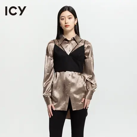 icy2023夏季简约贵气纯色丝光缎面醋纤中长款衬衫【梦会停设计】图片