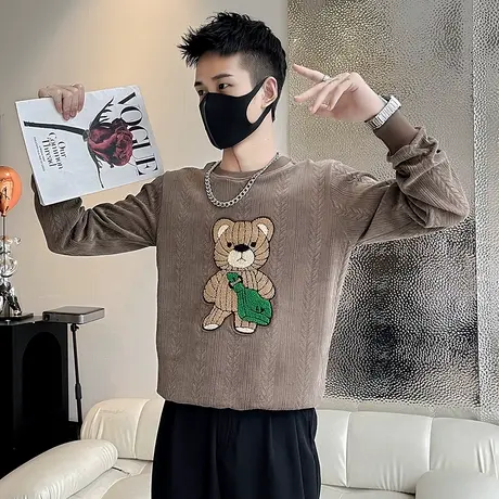 卫衣圆领长袖T恤上衣春秋季新款潮ins小熊刺绣韩版休闲学生打底衫商品大图