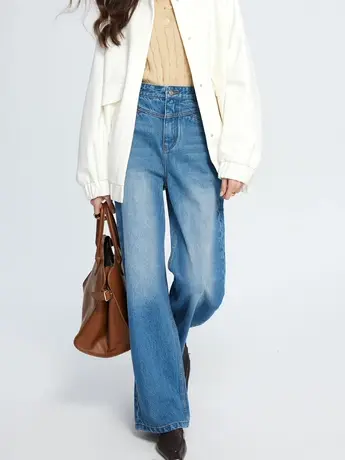 美式复古宽松裤腿裤女2024春季新款显瘦百搭高腰宽松舒适老爹长裤商品大图