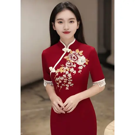 旗袍敬酒服新娘平时可穿夏季红色结婚订婚回门礼服流苏刺绣连衣裙图片