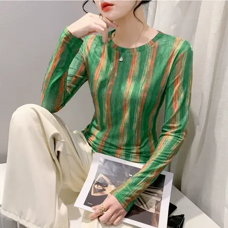 欧货复古圆领网纱印花撞色条纹上衣打底衫洋气内塔修身长袖T恤女商品大图