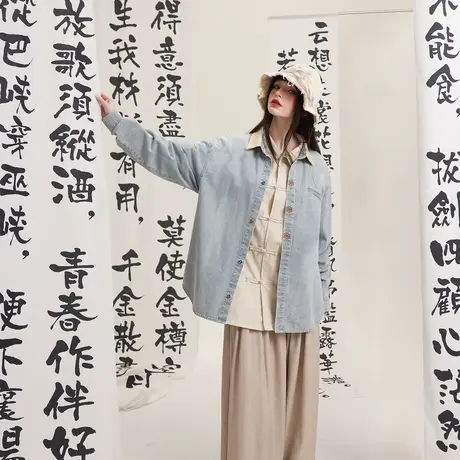 复古国潮纯色牛仔衬衫女2024春季新款拼接新中式上衣宽松国风衬衣商品大图
