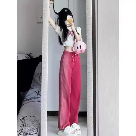 美式设计感水洗渐变色牛仔裤女2023春夏季复古高腰拖地阔腿裤子潮图片