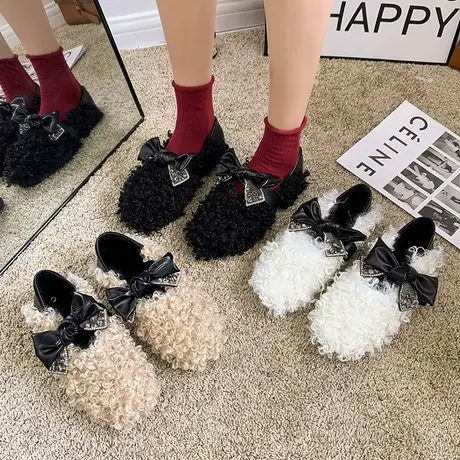 蝴蝶结网红保暖外穿毛毛鞋女百搭平底2020年新款秋冬豆豆鞋加绒图片