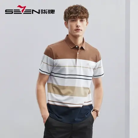 【含桑蚕丝】柒牌条纹polo衫男夏季薄款商务休闲男士翻领短袖T恤商品大图