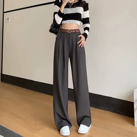 灰色高级感西装裤女春秋垂感直筒裤2024新款小个子高腰窄版阔腿裤商品大图
