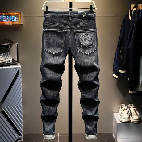 秋冬款黑色潮牌刺绣牛仔裤男修身直筒百搭男士韩版潮流加厚长裤子商品大图