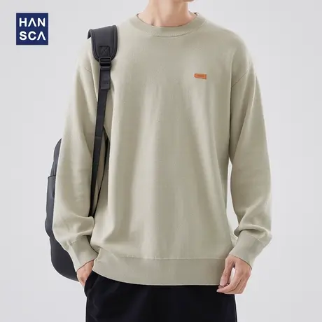 hansca圆领毛衣男秋冬季美式复古慵懒风纯色宽松百搭套头针织衫潮商品大图