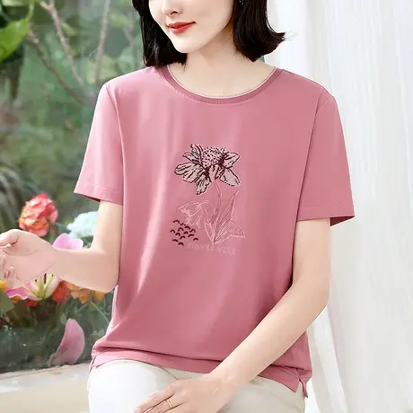 精致设计感纯棉t恤衫中年妈妈夏装短袖重工刺绣大码上衣免烫体恤商品大图