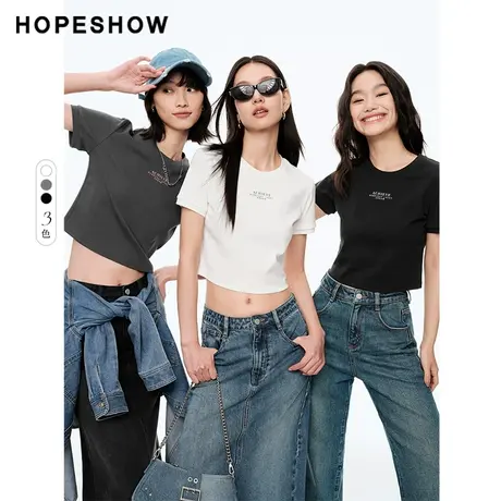 红袖简约字母印花正肩T恤hopeshow2024春季新款纯色圆领套头短袖图片