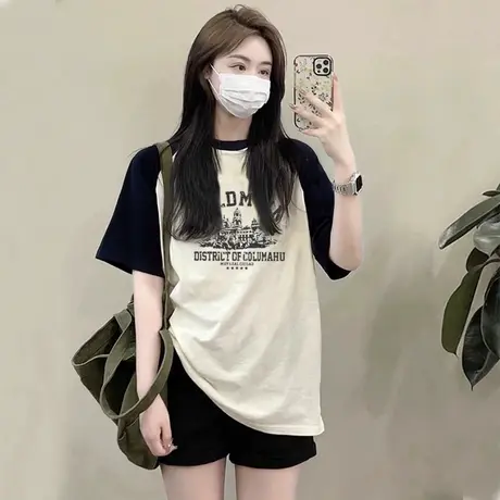 纯棉百分百重磅美式复古夏季时尚宽松大版百搭拼接短袖T恤女拼色N商品大图