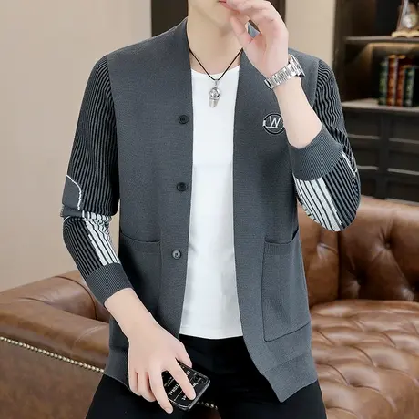 设计感拼接撞色针织衫外套男士毛衣潮流秋装线衣休闲帅气开衫夹克商品大图