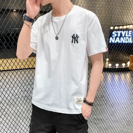 夏季棉感短袖t恤男装宽松上衣服韩版潮流潮牌ins圆领印花全棉半袖商品大图