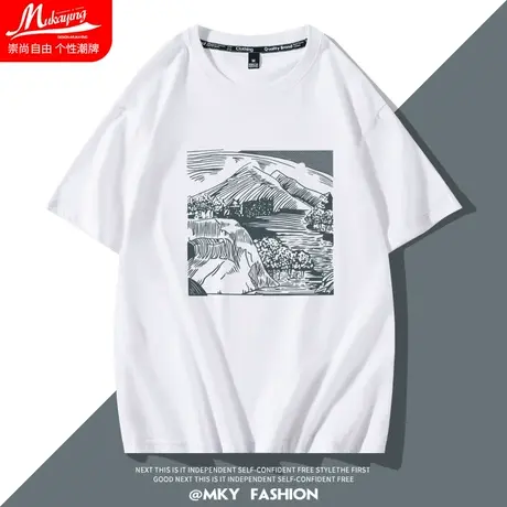线条山水印花港风t恤男短袖潮流ins纯棉夏季休闲学生小众设计半袖商品大图