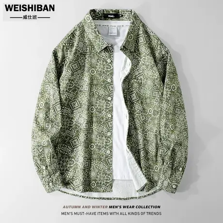 美式复古几何图案长袖衬衣男潮牌雅痞宽松满印民族风男衬衫薄上衣商品大图