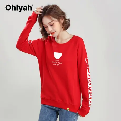 Ohlyah品牌 红色卫衣女宽松小熊潮牌圆领长袖红色本命牛年新年装商品大图