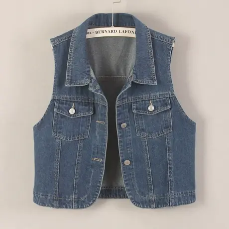 牛仔马甲女短款复古背心春秋2023夏薄新款无袖外套外搭连衣裙深蓝商品大图