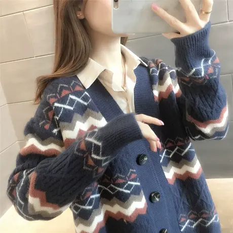 常规复古毛衣外套女春秋装2023年新款宽松慵懒风外穿针织开衫上衣图片