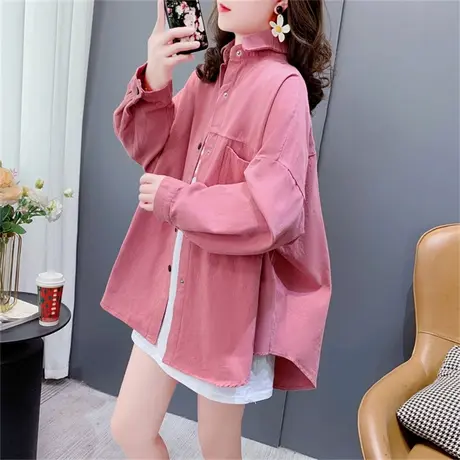 粉色复古衬衫外套女春秋2023年新款韩版宽松港味百搭长袖休闲上衣商品大图