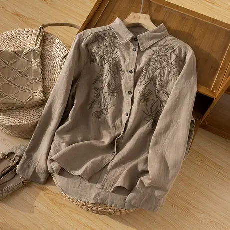 享永子重工刺绣亚麻衬衫女绣花棉麻衬衣休闲上衣宽松2023秋季新款商品大图