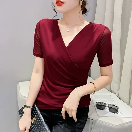 女装2023新款潮性感交叉V领T恤短袖紧身百搭小衫夏季欧货网纱上衣商品大图