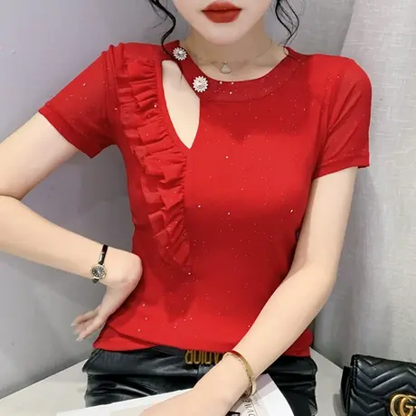 时尚镂空网纱T恤女短袖2023夏装新款荷叶边小衫性感修身百搭上衣商品大图