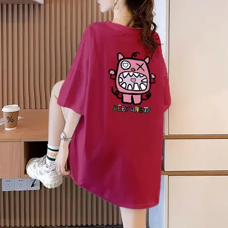 火龙果时尚多巴胺短袖T恤女长款2023夏新款纯棉宽松卡通半袖上衣商品大图