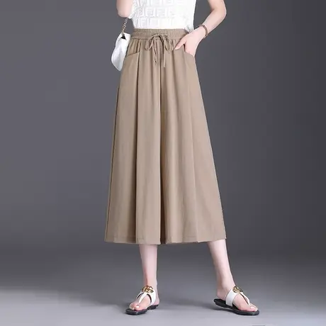 垂感八分裙裤休闲裤女夏薄款2023新款松紧腰宽松阔腿裤七分大脚裤商品大图