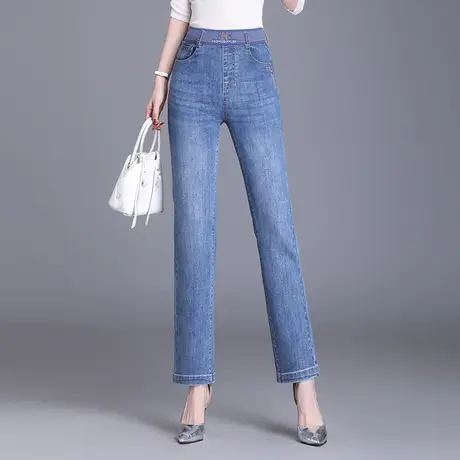 显瘦窄版直筒裤春秋2023新款松紧腰弹力牛仔裤大码中年女休闲长裤图片