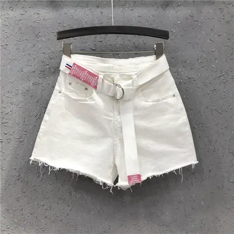 白色高腰牛仔短裤女春夏新款港味刺绣个性毛边欧货阔腿裤宽松热裤商品大图