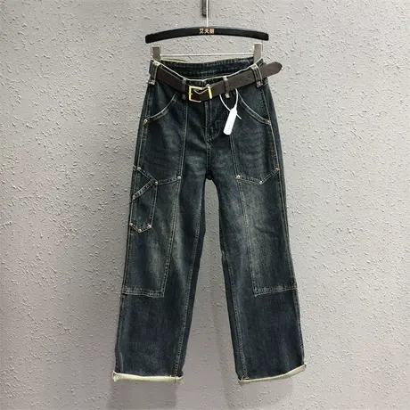 欧货2023秋季新款深蓝色宽松百搭个性多口袋牛仔直筒裤女高腰长裤商品大图