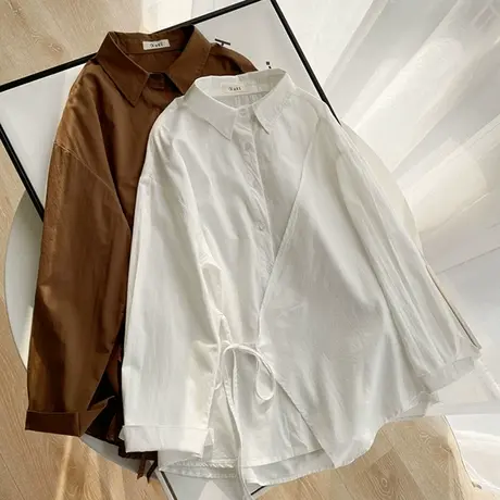 日系文艺系带中长款长袖衬衫女春新款设计感小众宽松百搭学生上衣图片