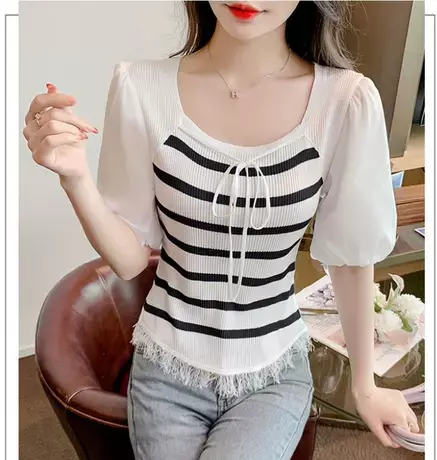 条纹针织背心拼接泡泡袖假两件短袖上衣女小衫2023夏季新款雪纺衫商品大图