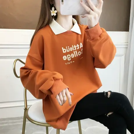 翻领polo衫卫衣女春秋韩版宽松薄款bf慵懒风ins假两件上衣外套潮商品大图