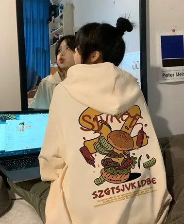 小众设计感潮牌卫衣女秋冬加绒加厚连帽宽松美式复古大码上衣外套图片