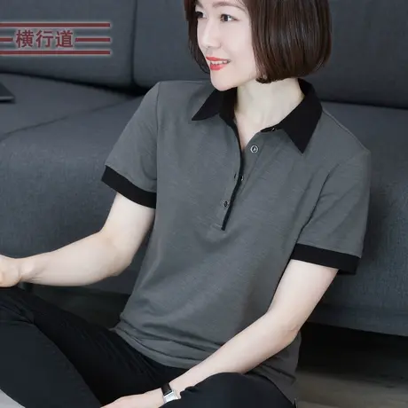2023夏季女装撞色短袖体恤翻领纽扣半袖t恤衬衫领妈妈宽松上衣服商品大图