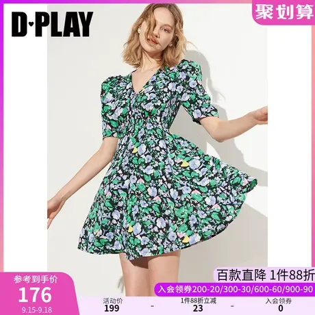DPLAY夏新甜酷黑底紫调满花高腰收腰印花连衣裙沙滩裙图片