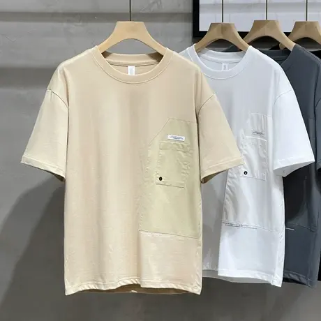 纯棉t恤男潮牌ins贴布口袋装饰男装上衣服男士短袖夏季新款纯棉商品大图