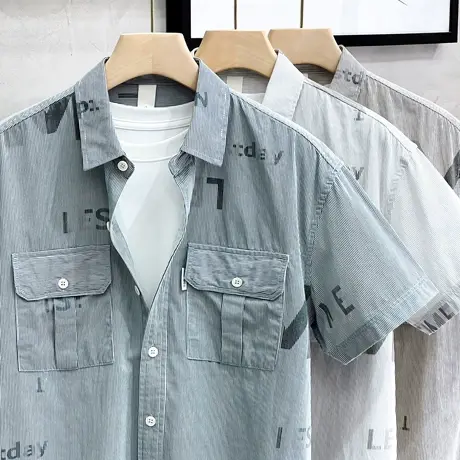 男士衬衫短袖日系条纹宽松纯棉潮牌工装衬衣男2023夏季新款潮流薄商品大图