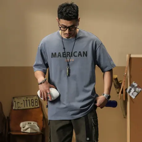 夏季薄款美式印花短袖重磅水洗宽松圆领休闲上衣男士百搭潮流男装商品大图