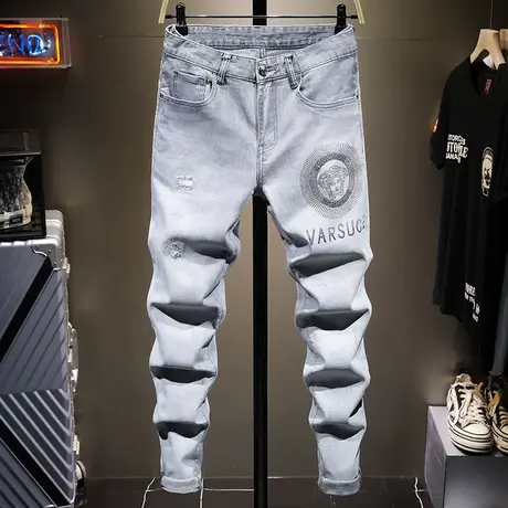 夏季薄款弹性潮牌破洞牛仔裤男修身小脚烫钻韩版潮流男士休闲长裤商品大图