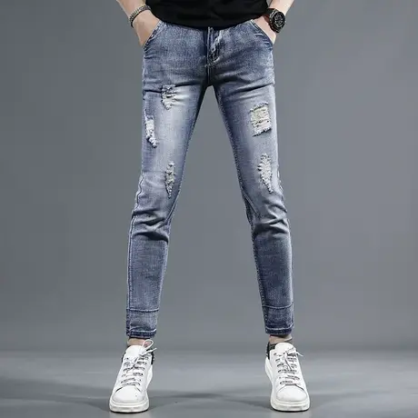 高街破洞九分牛仔裤男2023夏季新款潮牌修身小脚男士弹力薄款裤子商品大图