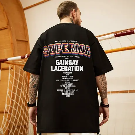 嘻哈国潮短袖男潮牌加肥加大t恤宽松五分袖字母胖子半袖大码男装商品大图