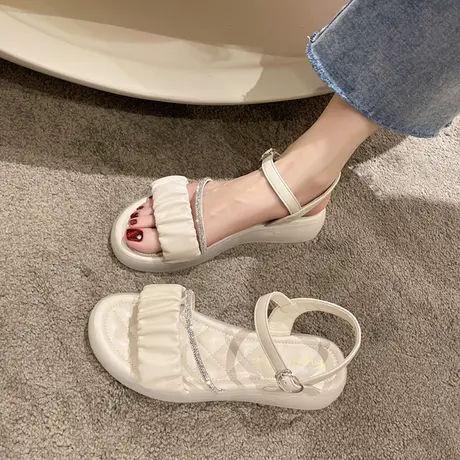 水钻凉鞋女2023年夏季新款法式一字带平底仙女鞋法式配裙子罗马鞋商品大图