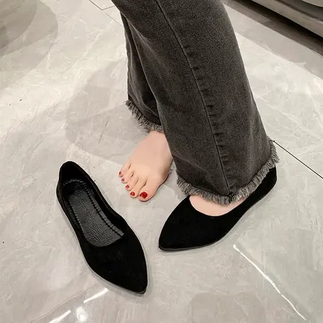 尖头平底单鞋女春夏季百搭绒面浅口职业工作鞋一脚蹬仙女豆豆鞋子商品大图
